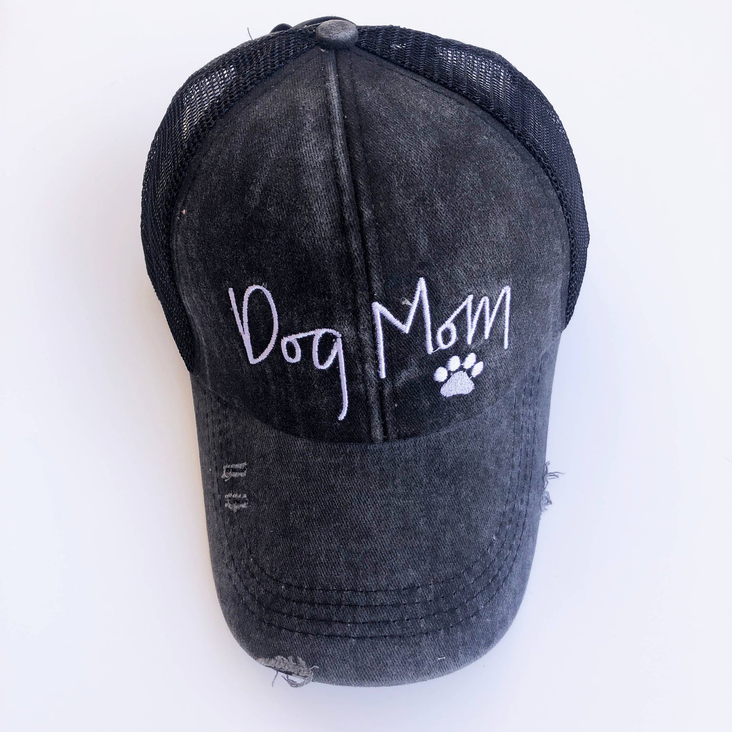 Dog Mom Embroidered Distressed Ponytail Trucker Hat