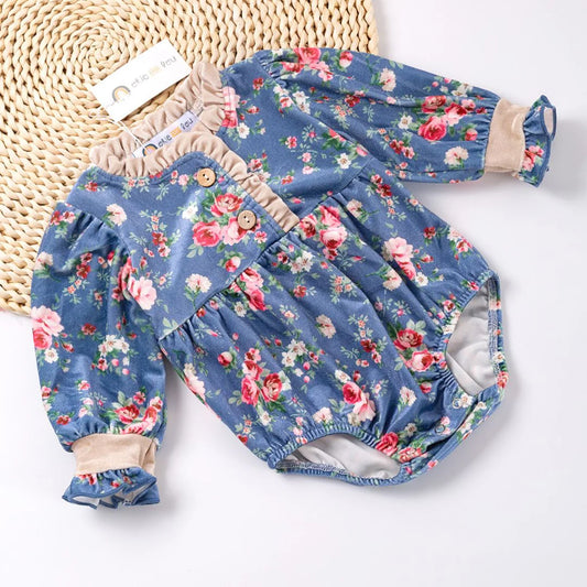 Navy Frilly Bloom; Girls Romper