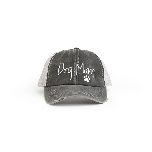 Dog Mom Embroidered Distressed Ponytail Trucker Hat