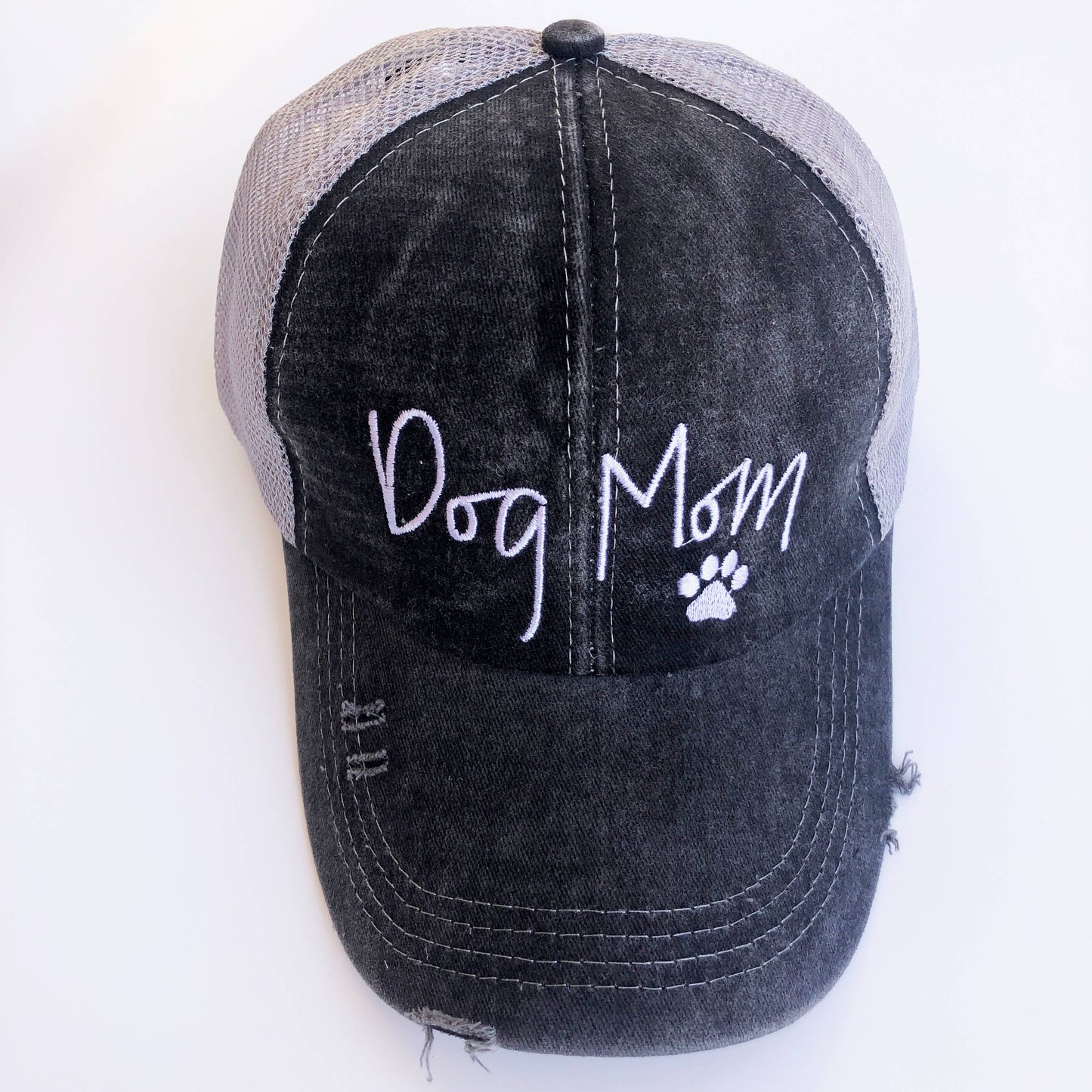 Dog Mom Embroidered Distressed Ponytail Trucker Hat