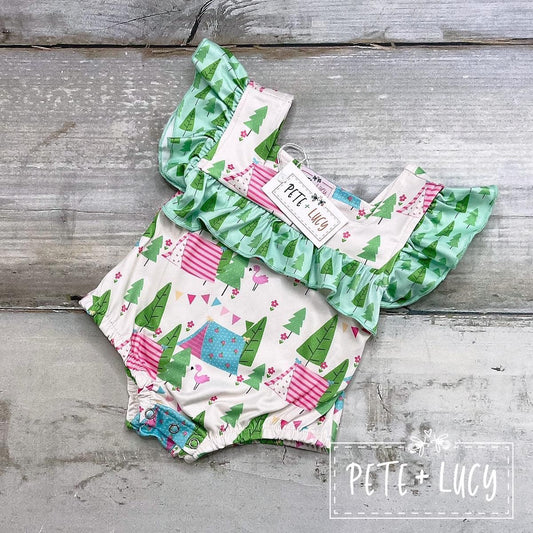 Camping With Flamingos: Girls Infant Romper